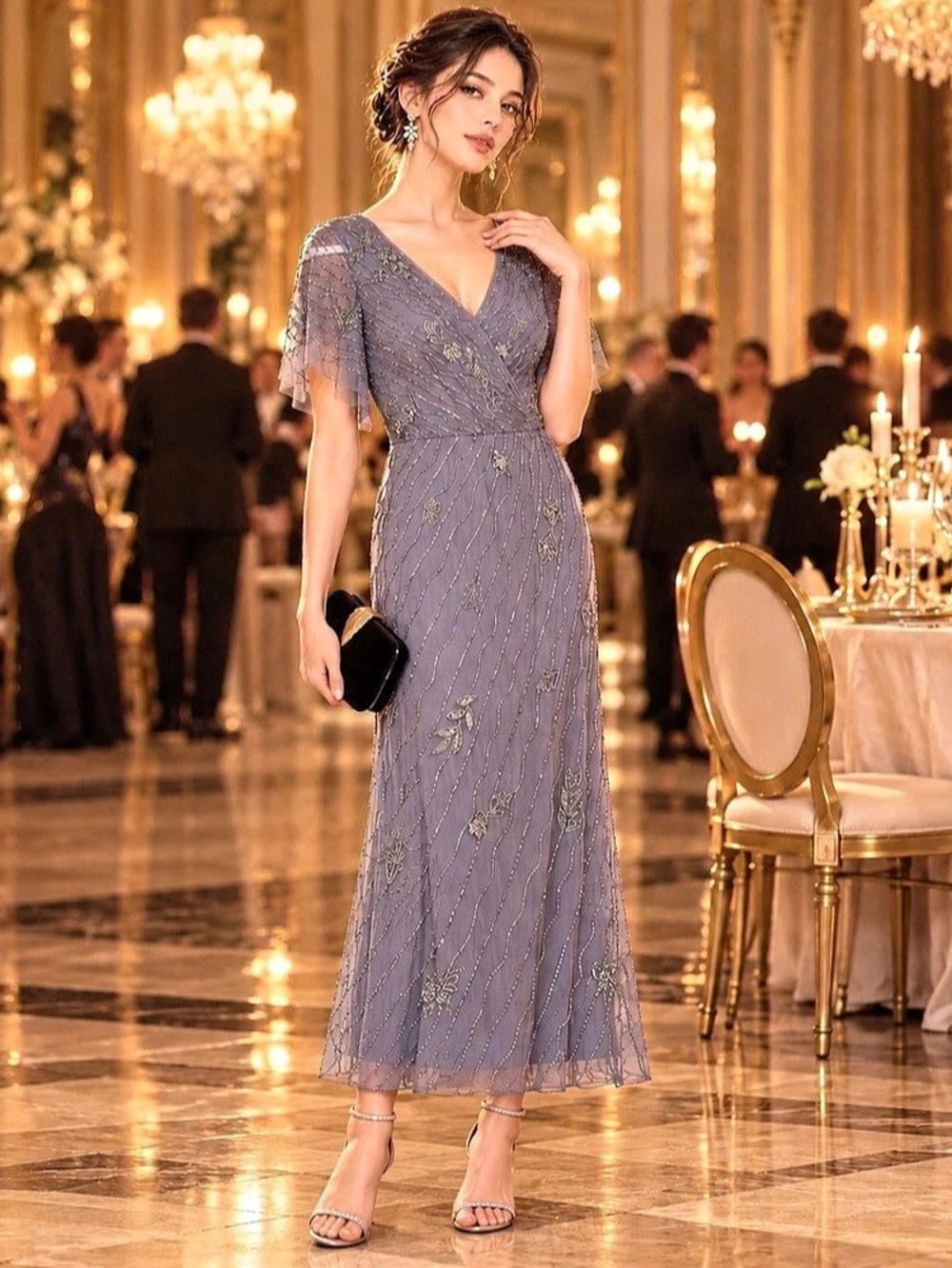 Adrianna Papell Beaded Flutter Sleeve Gown Dusty Lavender Gray Formal Dress